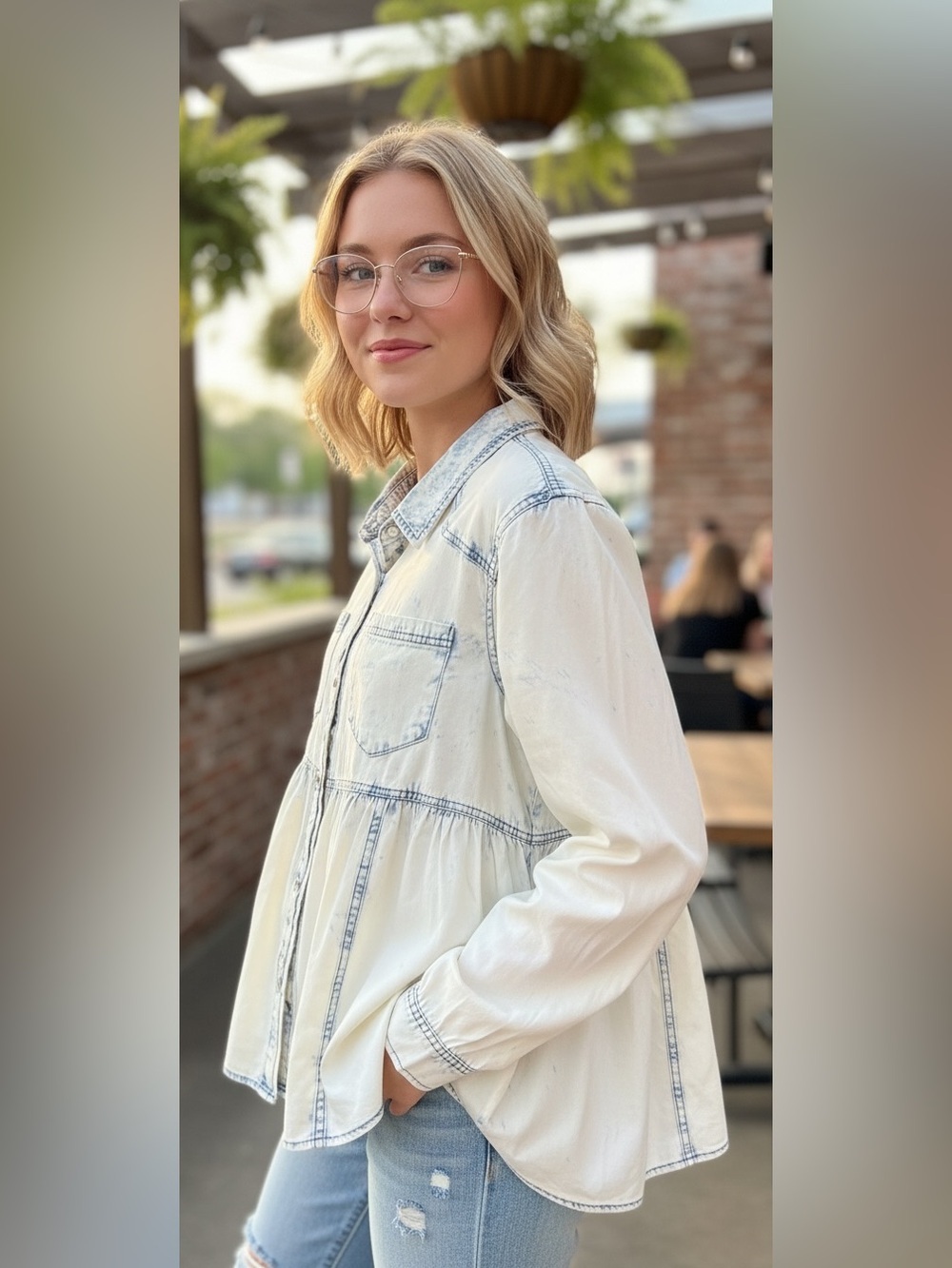 BiBi Cream and Blue Denim Peplum Shirt